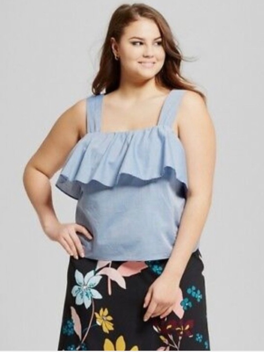 NWT Who What Wear Chambray Light Blue Ruffle Square-Neck Tank Top Women’s Small